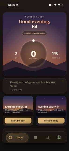 Ritual Today screen — evening greeting, level, streak ring and check-ins
